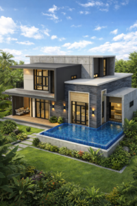 ภาพจำลองสถาปัตยกรรมภายนอกของบ้านโมเดิร์น 2 ชั้นที่มีผนังคอนกรีตเปลือยและหินกาบสีเข้ม บนที่ดินหน้าแคบในเมืองที่มีพื้นที่จำกัด