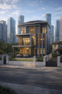 ดีไซน์การ รีโนเวทบ้านในเมือง บน พื้นที่แคบ ทรงสูง 3 ชั้น สไตล์ Modern Charcoal พร้อมระแนงไม้ ผลงาน สถาปนิก Functionhouse ใน กรุงเทพ และ ปทุมธานี
