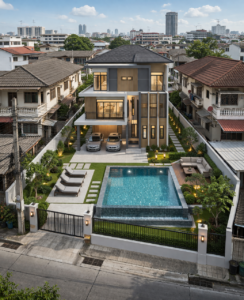 การ ออกแบบบ้าน โมเดิร์น 3 ชั้น บนที่ดิน พื้นที่แคบ ในเมือง โดย สถาปนิก Functionhouse เน้นการใช้สอยเต็มพื้นที่และถูกต้องตามกฎหมายระยะร่น ในเขต กรุงเทพ และ ปทุมธานี
