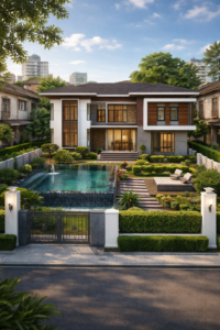 บ้านเดี่ยว 2 ชั้น สไตล์ Modern Luxury พร้อมสระว่ายน้ำและสวนสวย ผลงาน รับสร้างบ้าน และ ออกแบบบ้าน โดยสถาปนิก Functionhouse โซน ปทุมธานี สวยตรงปก 100%