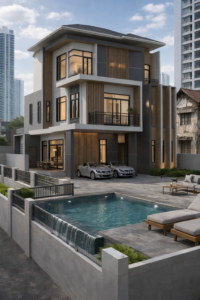 ดีไซน์การ รีโนเวทบ้านในเมือง บน พื้นที่แคบ ทรงสูง 3 ชั้น สไตล์ Modern Charcoal พร้อมระแนงไม้ ผลงาน สถาปนิก Functionhouse ใน กรุงเทพ และ ปทุมธานี